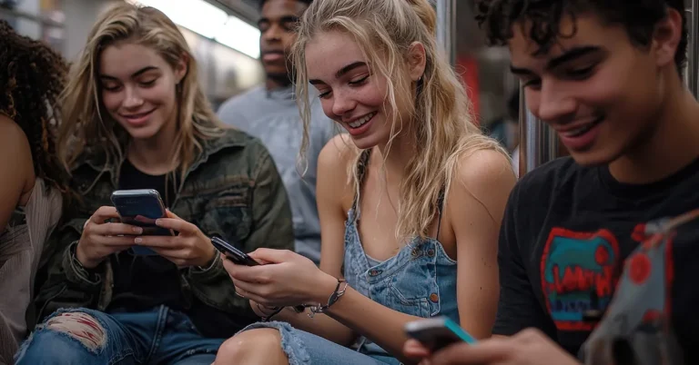 Fiatalok csoportja mobiltelefont használnak a metróban